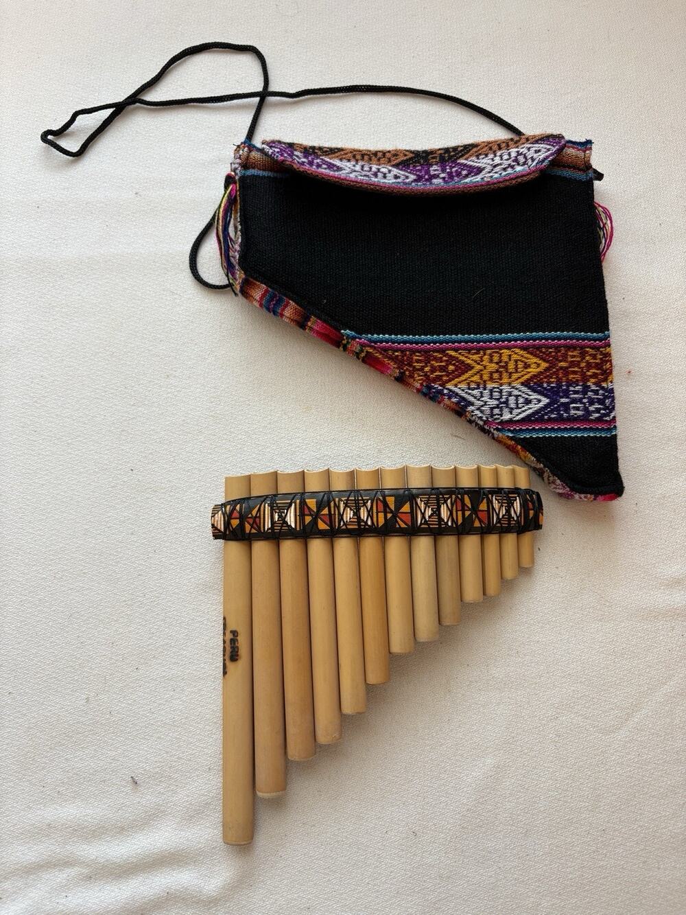 VTG Pan Flute Peru Bamboo Musical Instrument Pouch Cover 13 Pipes READ